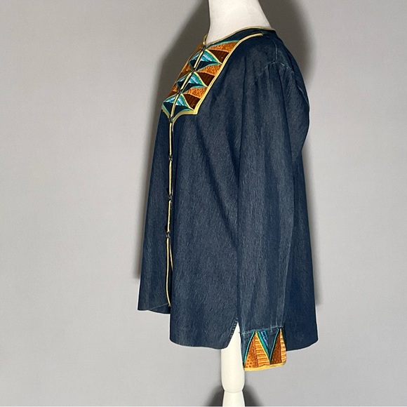 Bob Mackie Med Wearable Art Denim Shirt Inset/Cuffs Colorful Tribal Embroidery - Picture 8 of 16